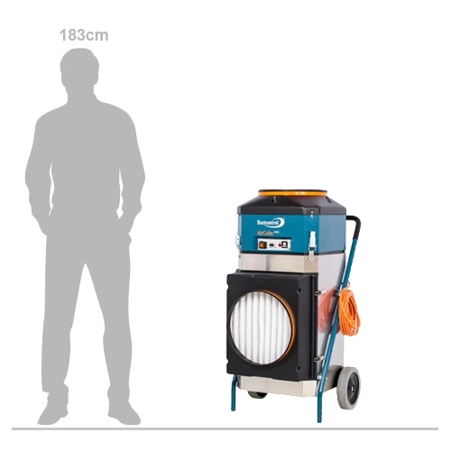 Dustcontrol DC Air Cube 2000 air cleaner shown next to 183cm scale silhouette
Dustcontrol DC Air Cube 2000 portable air cleaner with filter and carry handle