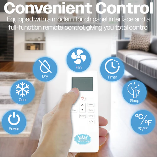 Prem-I-Air EH5936 portable air conditioner remote control showing cooling, fan, timer and dehumidifier functions