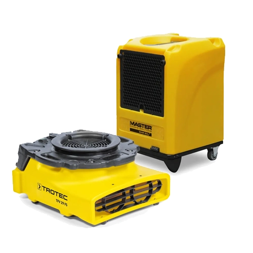 Master DHP20 professional dehumidifier with Trotec TFV 29 FS radial fan for water damage restoration and structural drying