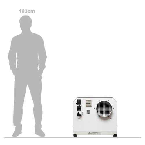 Ecor Pro EPD150-MAX WiFi humidistat and cable accessory included with dehumidifier
Ecor Pro EPD150-MAX WiFi DryFan desiccant dehumidifier front angle view with control panel and duct outlet
Ecor Pro EPD150-MAX desiccant dehumidifier side view with humidistat connected
Ecor Pro EPD150-MAX DryFan dehumidifier side panel with grille and ducting port
Ecor Pro EPD150-MAX desiccant dehumidifier rear panel with WiFi humidistat and connections
Ecor Pro EPD150-MAX DryFan desiccant dehumidifier packaging showing contents inside box
Scale image of Ecor Pro EPD150-MAX WiFi DryFan desiccant dehumidifier compared with 183 cm person