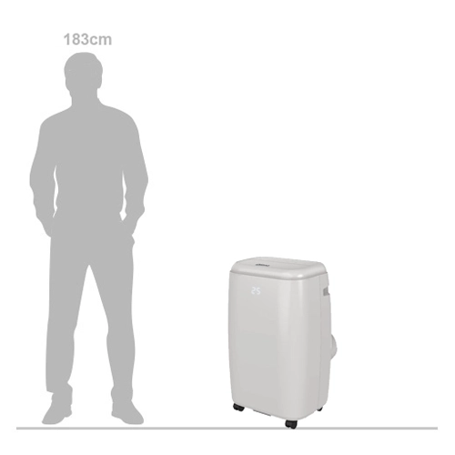 Scale view with 183 cm person and Qlima portable air conditioner, 440×335×715 mm.