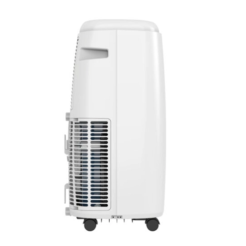 Left side view showing intake grille and castors on Qlima portable air conditioner.