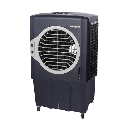 Angled view of Honeywell CO802PM 80L evaporative air cooler showing front grille, airflow vents, and portable design