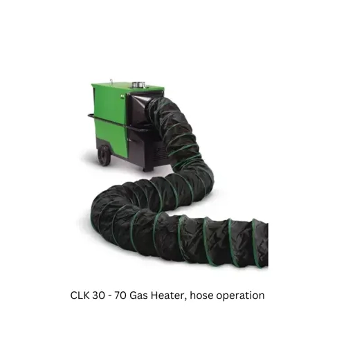 CLK 30-70 Indirect Gas Heater with flexible warm air hose attached
High-performance rear sickle fan on CLK 30-70 Gas Heater
Control panel of CLK 30-70 Gas Heater with protected switches
Easy-to-service fan burner assembly inside CLK 30-70 Gas Heater
Side view of CLK 30-70 Indirect Gas Heater with wheels and flue
CLK 30-70 Indirect Gas Heater scale image shown next to 183cm person