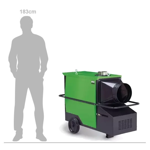 CLK 30-70 Indirect Gas Heater with flexible warm air hose attached
High-performance rear sickle fan on CLK 30-70 Gas Heater
Control panel of CLK 30-70 Gas Heater with protected switches
Easy-to-service fan burner assembly inside CLK 30-70 Gas Heater
Side view of CLK 30-70 Indirect Gas Heater with wheels and flue
CLK 30-70 Indirect Gas Heater scale image shown next to 183cm person