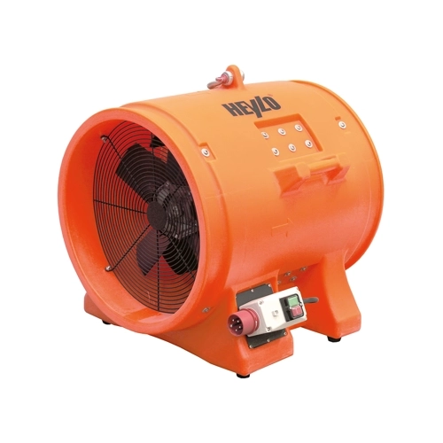 HEYLO PowerVent 12000 portable axial ventilator fan shown next to 183cm scale silhouette
Close-up of lifting eye on HEYLO PowerVent 12000 axial ventilator fan
HEYLO PowerVent 12000 portable axial ventilator fan angled front view
Side view of HEYLO PowerVent 12000 portable axial ventilator fan