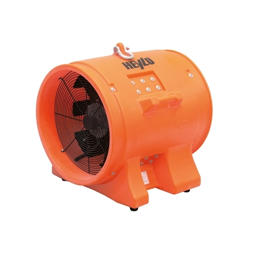 HEYLO PowerVent 12000 portable axial ventilator fan shown next to 183cm scale silhouette
Close-up of lifting eye on HEYLO PowerVent 12000 axial ventilator fan
HEYLO PowerVent 12000 portable axial ventilator fan angled front view
Side view of HEYLO PowerVent 12000 portable axial ventilator fan