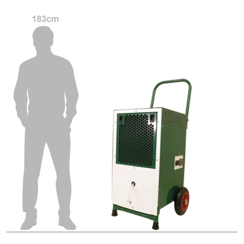 EBAC ECO85 portable industrial dehumidifier shown next to 183cm scale silhouette
EBAC ECO85 portable industrial dehumidifier angled front view with wheels and handle
