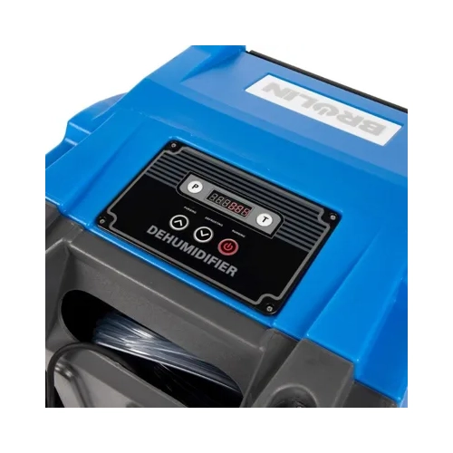 Brolin BR55C heavy duty industrial dehumidifier shown next to 183cm scale silhouette
Control panel of the Brolin BR55C industrial dehumidifier
Side view of Brolin BR55C heavy duty industrial dehumidifier with wheels and handle
Angled front view of Brolin BR55C heavy duty industrial dehumidifier
Angled side view of Brolin BR55C industrial dehumidifier showing air outlet
Rear view of Brolin BR55C industrial dehumidifier with cable and drainage outlet