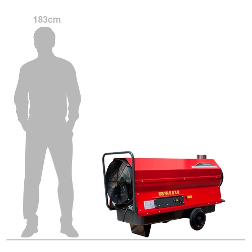 Thermobile Medium Indirect Space Heater Package with ducting, diffuser, flue, rain cowl, and thermostat
Thermobile Medium Indirect Space Heater Package scale image shown next to 183cm person