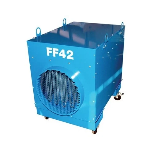 Broughton FF42 21–42kW ductable electric heater shown from the front with castor wheels.