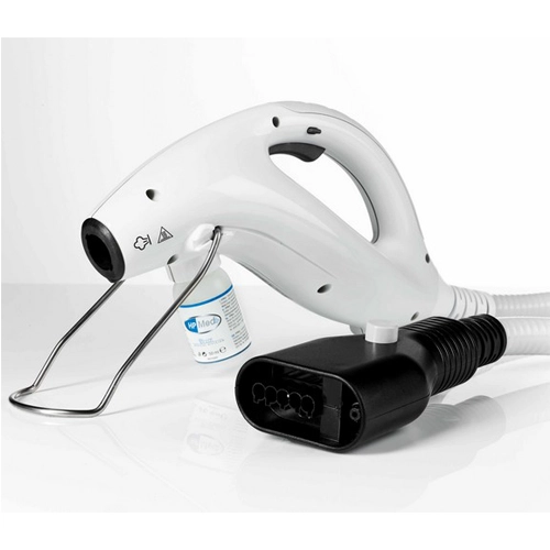 Close-up of the Polti Steam Disinfector gun with HPMed bottle attached