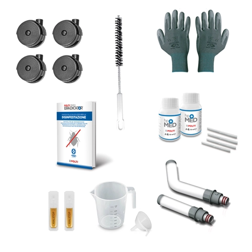 Polti Cimex Eradicator full accessory kit including nozzles, HPMed, Kalstop, gloves, brush, jug and funnel