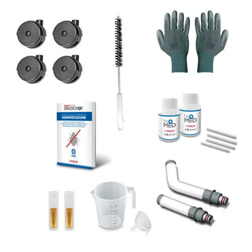 Polti Cimex Eradicator Plus accessory kit including HPMed, Kalstop, gloves, brush, jug, funnel and protocol guide