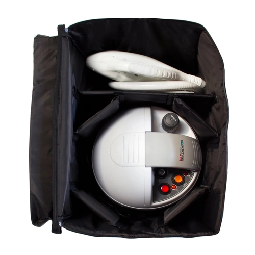 Open Polti carry bag showing Cimex Eradicator unit and hose stored inside
