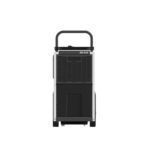 Front view of the Dantherm AD 935 dehumidifier showing air intake grille and condensate tank access