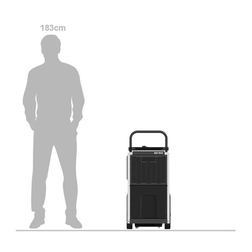Dantherm AD 935 dehumidifier shown beside a 183cm silhouette for size comparison