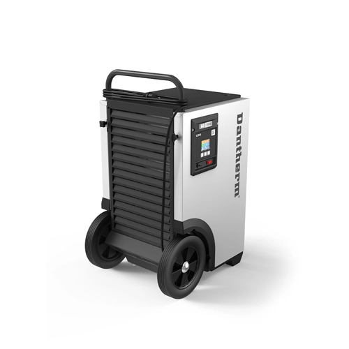 Rear angle view of the Dantherm AD 975 showing pump outlet connection and large transport wheels