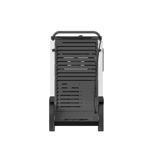 Rear view of the Dantherm AD 995 showing pump outlet connection and large transport wheels