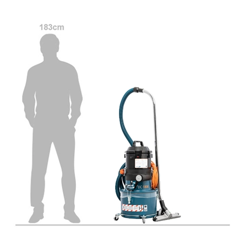 Side view of the Dustcontrol DC1800 230V industrial dust extractor showing compact frame and hose inlet position