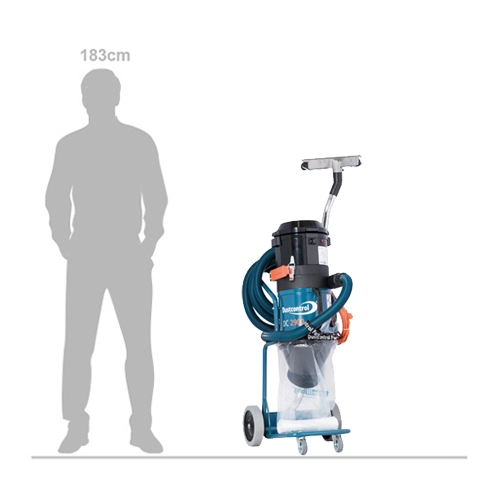 Side view of the Dustcontrol DC2900C 230V dust extractor showing steel chassis and wheel assembly