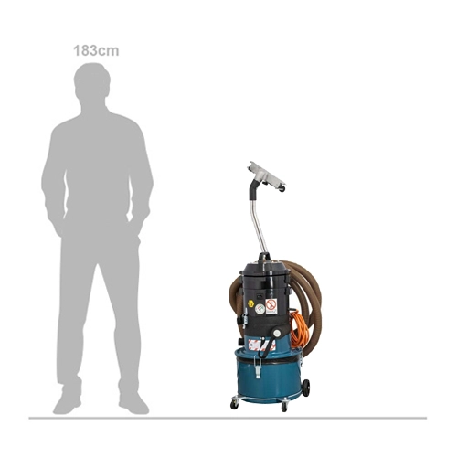 Scale reference image showing Dustcontrol DC1800 H EX dust extractor with height and width dimensions beside a human silhouette