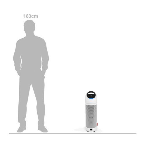 Boneco P370 air purifier shown alongside a standing person for size comparison