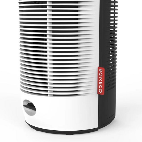 Close up of Boneco P370 air purifier showing rear airflow vents, housing and gille