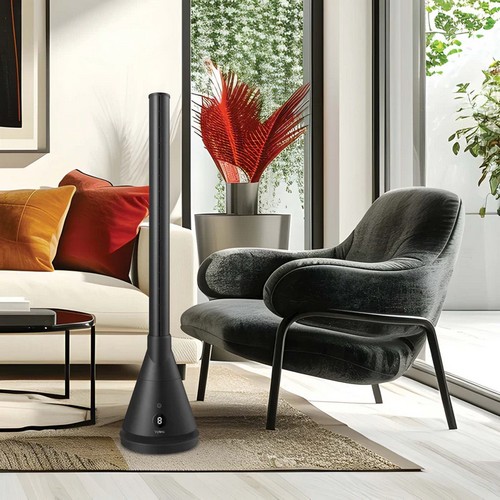 Vybra Spire3 heater cooling fan and air steriliser in black placed in a modern living room