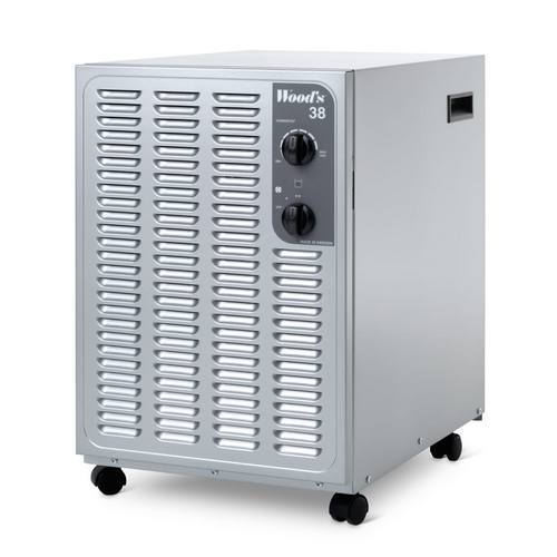 Wood’s SW38FM metallic low temperature dehumidifier showing front and side view on castors