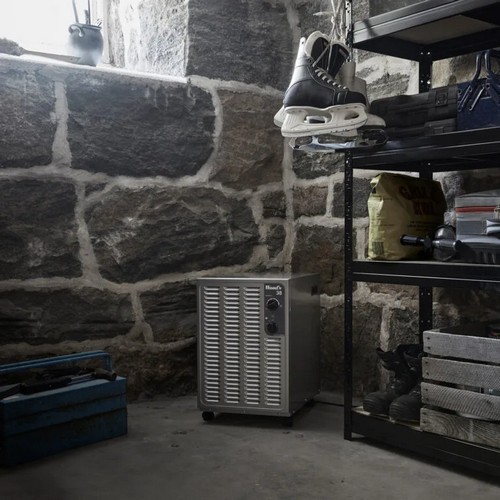 Wood’s SW38FM metallic dehumidifier positioned in a cold garage