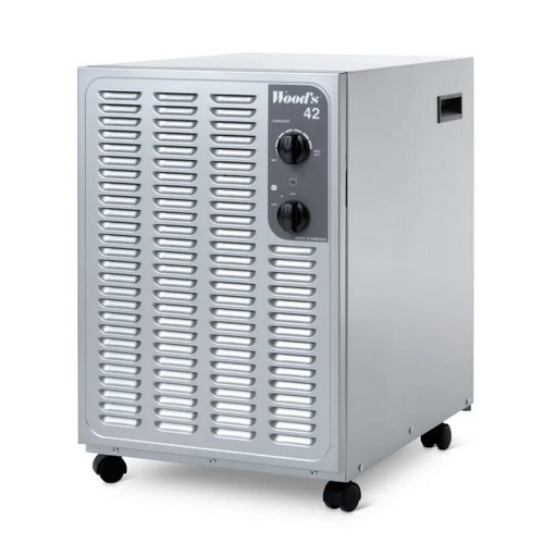 Wood’s SW42FM metallic low temperature dehumidifier showing front and side view on castors