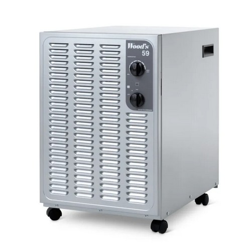 Wood’s SW59FM metallic low temperature dehumidifier showing front and side view on castors