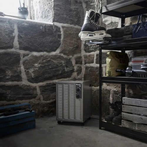 Wood’s SW59FM metallic dehumidifier operating in a cold basement or storage area