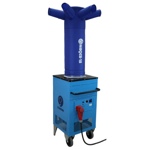 El-Björn TF18 industrial electric heater showing control panel and 400V 32A plug connection