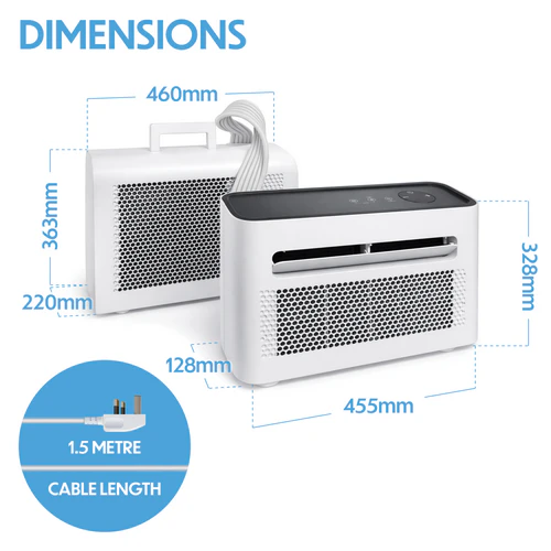 Prem-I-Air EH1962 portable split air conditioner dimensions showing indoor and outdoor unit measurements