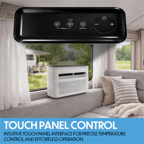 Prem-I-Air EH1962 portable split air conditioner touch panel control interface inside caravan