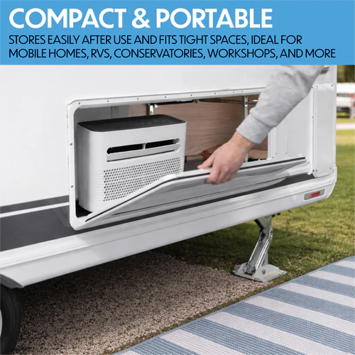 Prem-I-Air EH1962 compact portable split air conditioner stored in caravan exterior compartment