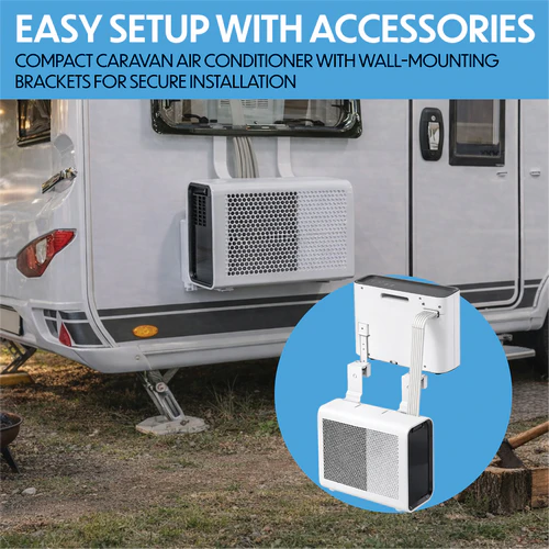 Prem-I-Air EH1962 portable split air conditioner outdoor unit mounted to caravan with bracket installation