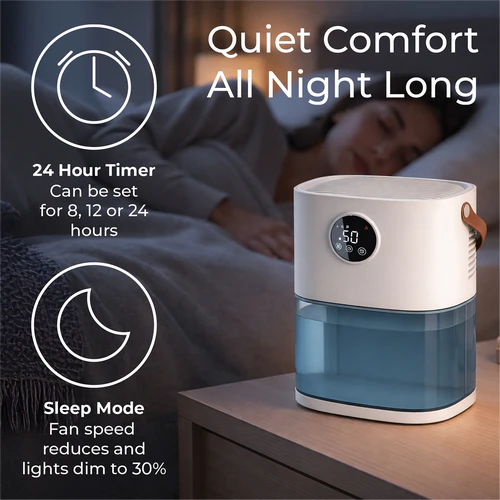 Prem-I-Air EH1472 smart dehumidifier with sleep mode and 24 hour timer for quiet night use