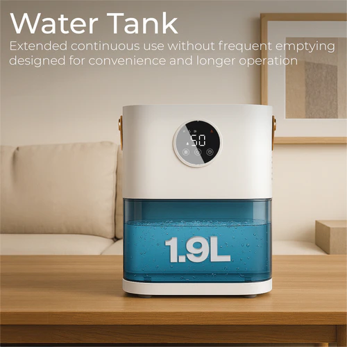 Prem-I-Air EH1472 smart dehumidifier showing 1.9 litre water tank capacity