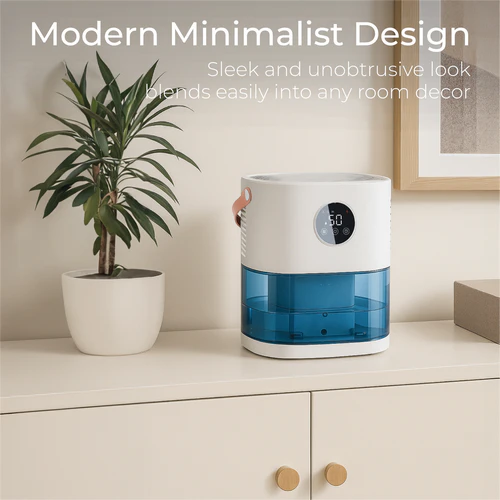 Prem-I-Air EH1472 smart Peltier dehumidifier with modern minimalist design on cabinet in living space