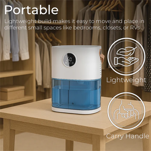 Prem-I-Air EH1472 portable smart dehumidifier with carry handle placed in wardrobe storage area