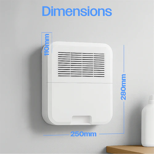 Prem-I-Air EH1478 compact Peltier dehumidifier dimensions showing 280 x 250 x 110 mm size