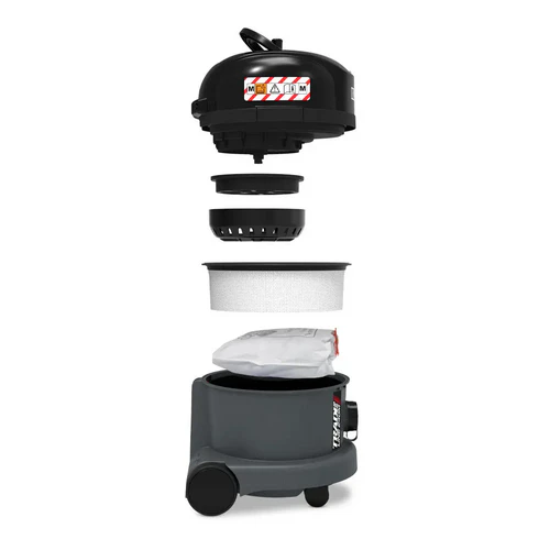 Exploded view of Numatic TRM240H filtration system with HEPA filter and dust bag