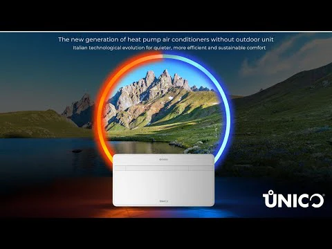 Olimpia Splendid Unico EVO-F heat pump air conditioner technology graphic showing cooling and heating system without outdoor unit