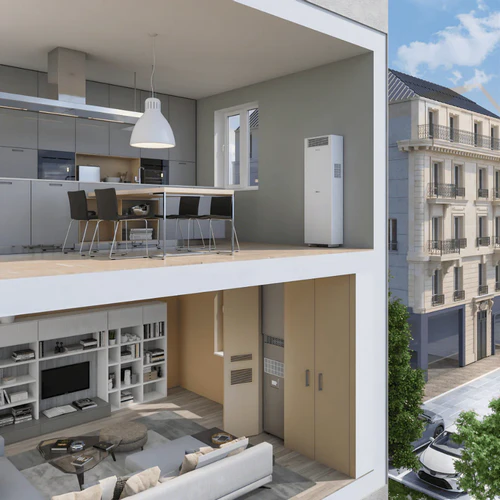  Olimpia Splendid Unico Vertical 3.5kW floor standing air conditioner installed in apartment