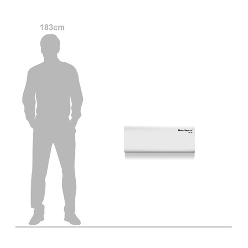 Dantherm DH 20 commercial wall mounted dehumidifier shown beside a 183 cm adult for size comparison
