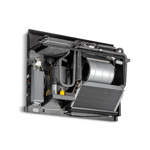 Internal components of the Dantherm DH 35 commercial dehumidifier showing refrigeration and airflow system