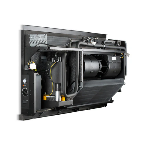 Internal refrigeration and airflow components inside the Dantherm DH 65 commercial dehumidifier
